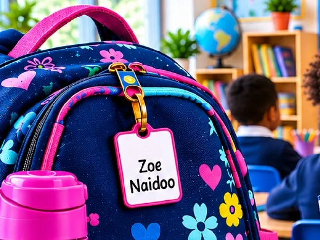 Navy floral school backpack with a Zoe Naidoo bag tag and a matching labelled water bottle