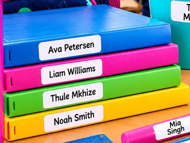 Stack of colourful school books, each with a different name label