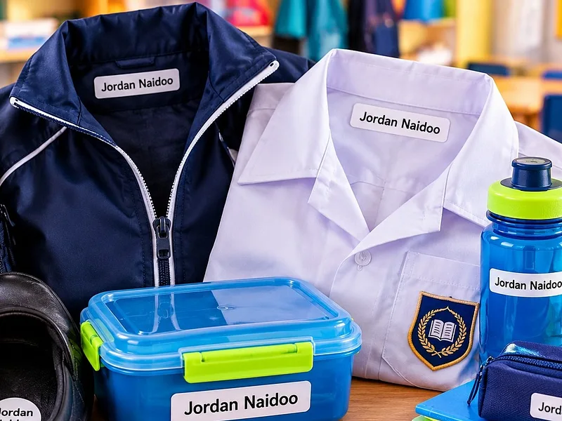 Navy school jacket and white school shirt with Jordan Naidoo name labels inside the collars