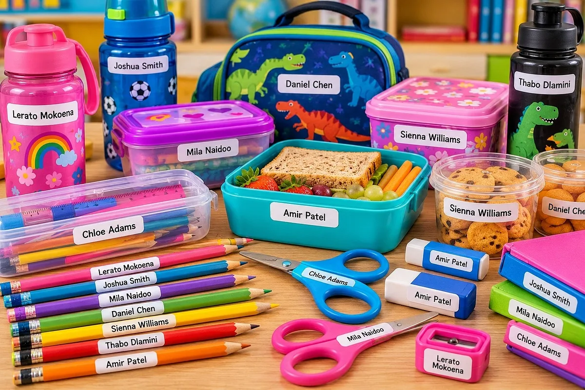 Lunch boxes, water bottles, pencils, scissors and books, each with a personalised name label