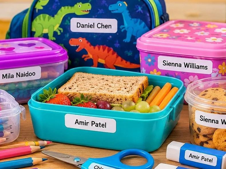 Teal lunch box with an Amir Patel name label, next to labelled lunch boxes and snack tubs
