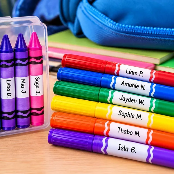 Crayons and markers each wrapped with a personalised name label